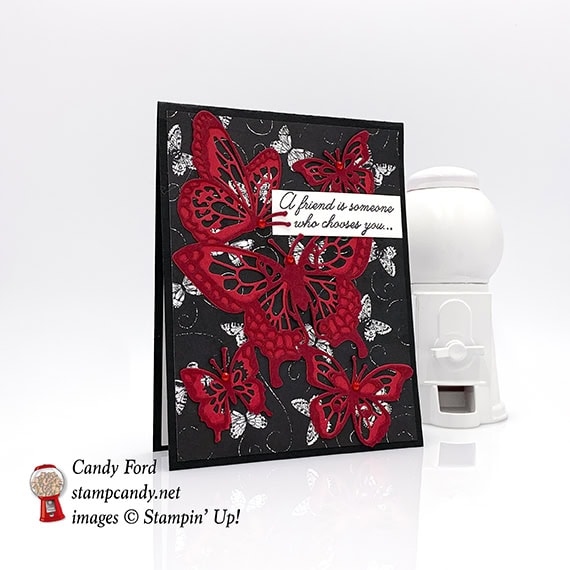 Friendship card made by Candy Ford using Beauty Abounds stamp set, Butterfly Beauty dies, Botanical Butterfly paper, and Red Rhinestones by Stampin' Up! #stampcandy 