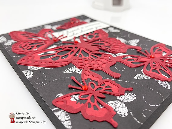 Friendship card made by Candy Ford using Beauty Abounds stamp set, Butterfly Beauty dies, Botanical Butterfly paper, and Red Rhinestones by Stampin' Up! #stampcandy 