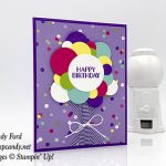 Happy Birthday card made with the Sweetest Thing stamp set, Circle Punches, How Sweet It Is paper, Gorgeous Grape ribbon, Whisper White twine by Stampin' Up! Card made by Candy Ford of Stampin' Up!