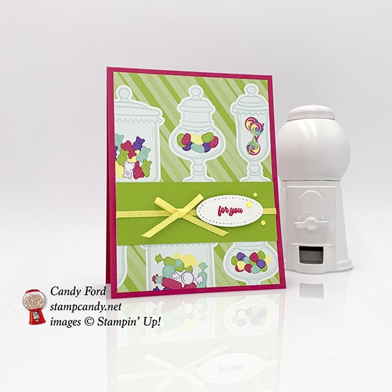 sweetest Thing stamp set, Jar of Sweets Framelits Dies, How Sweet It Is paper, Stitched Shapes Framelits Dies, Pineapple Punch ribbon, by Stampin' Up! #stampcandy