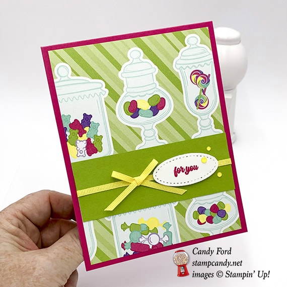 sweetest Thing stamp set, Jar of Sweets Framelits Dies, How Sweet It Is paper, Stitched Shapes Framelits Dies, Pineapple Punch ribbon, by Stampin' Up! #stampcandy