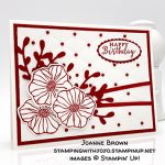 Detailed with Love stamp set, Oh So Eclectic stamp set, Eclectic Layers Thinlits Dies, Sprig Punch, Tufted dynamic embossing folder, Red Rhinestones, REal Red 1/8" Solid Ribbon, Happy Birthday card made by Joanne Brown. Stampin' Up! #stampcandy