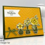 Candy Ford made this Mother's Day card using the Tea Together Stamp set, Tea Time Framelits Dies, Vibrant Vases stamp set, Vase Builder Punch, and Petal Burst embossing folder from Stampin' Up! #stampcandy