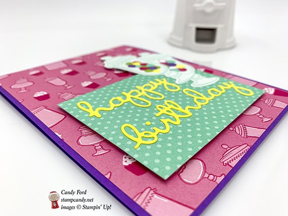 happy birthday card made by Candy for using Well Written Dies, How Sweet It Is paper, Jar of Sweets Framelits Dies, from Stampin' Up! #stampcandy