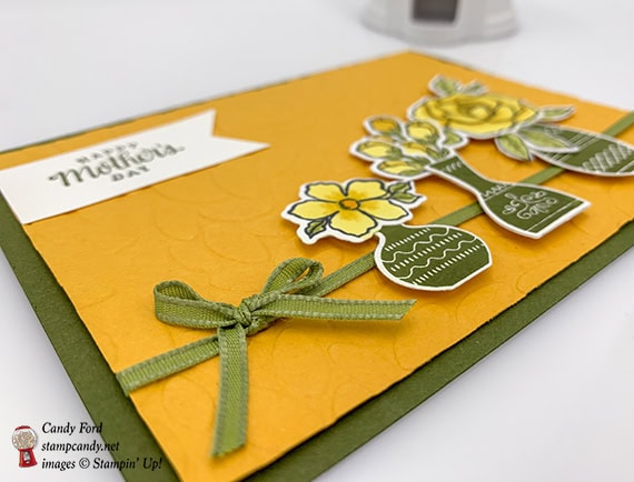 Candy Ford made this Mother's Day card using the Tea Together Stamp set, Tea Time Framelits Dies, Vibrant Vases stamp set, Vase Builder Punch, and Petal Burst embossing folder from Stampin' Up! #stampcandy
