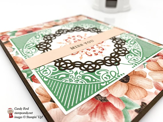 This card was made with new Second Release Sale-a-bration items available Feb 15 - Mar 31, 2019! All Adorned stamp set, Painted Season paper by Stampin' Up! Also the Doily Builder Thinlits Dies. #stampcandy