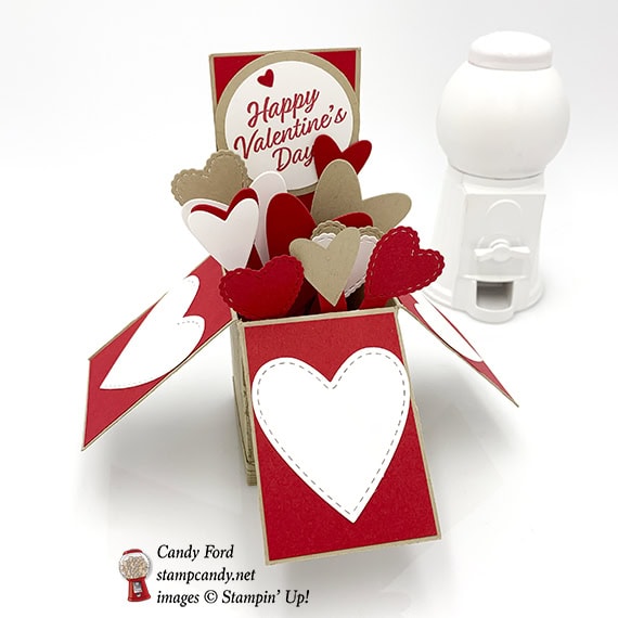 Valentine's Day card in a box made by Candy Ford using Meant to Be, Hardwood, and Forever Lovely stamp sets, and Be Mine Framelits Dies by Stampin' Up! #stampcandy