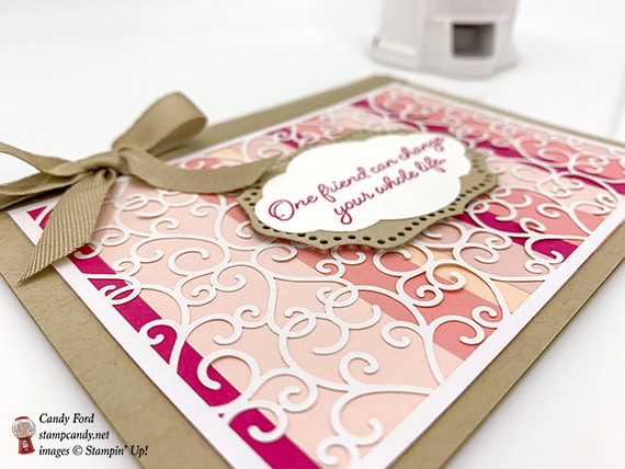 Flowing Fountain stamp set, Pretty Label Punch, Rose Trellis Thinlits Dies, and Delightfully Detailed Laser Cut paper from Stampin' Up! Card made by Candy Ford. #stampcandy