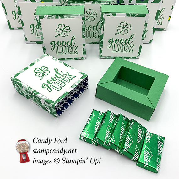 Good Luck Andes Mint boxes made by Candy Ford using the Amazing Life stamp set and Happiness Blooms Designer Series Paper from Stampin' Up! #stampcandy
