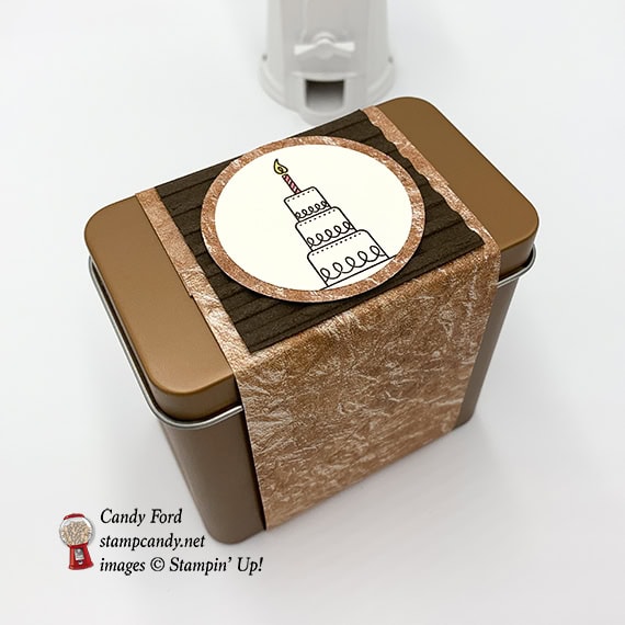 Amazing Life stamp set, Corrugated dynamic embossing folder, Copper Tin, from Stampin' Up! Birthday card and tin made by Candy Ford. #stampcandy