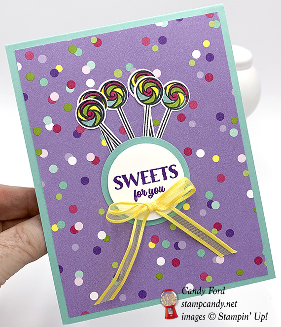 Sweetest Thing stamp set, Jar of Sweets Framelits Dies, and How Sweet It Is Designer Series Paper from Stampin' Up!Card made by Candy Ford #stampcandy