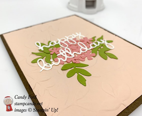 Candy Ford made this Happy Birthday card using the Well Written dies, Rose Trellis dies, Lovely Flowers Edgelits dies, and Layered Leaves Dynamic embossing folder from Stampin' Up! #stampcandy