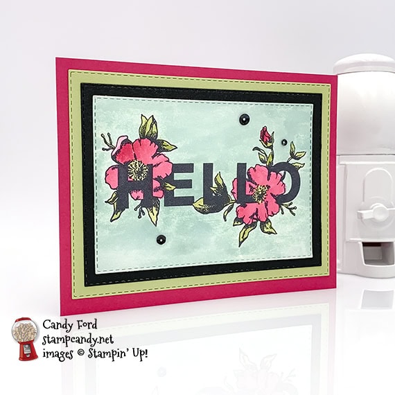 watercolor Hello card made with the Floral Statement stamp set and Rectangle Stitched Framelits Dies from Stampin' Up! #stampcandy
