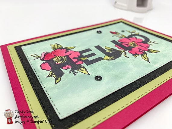 watercolor Hello card made with the Floral Statement stamp set and Rectangle Stitched Framelits Dies from Stampin' Up! #stampcandy
