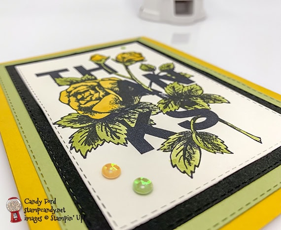 Thank you watercolor card made by Candy Ford using the Floral Statements stamp set and Rectangle Stitched Framelits Dies from Stampin' Up! #stampcandy