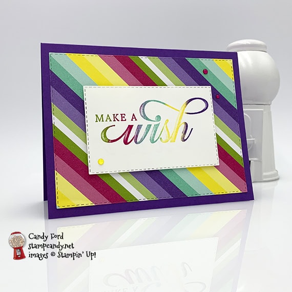 colorful birthday card made using the Life is Grand stamp set, Uninked Spectrum Pad with 5 colors of reinkers, How Sweet It Is Designer Series Paper, and Happiness Blooms Enamel Dots from Stampin' Up! #stampcandy