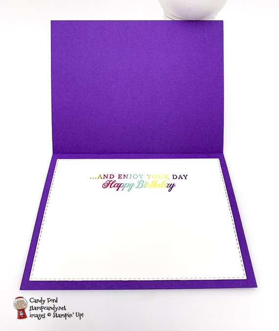 colorful birthday card made using the Life is Grand stamp set, Uninked Spectrum Pad with 5 colors of reinkers, How Sweet It Is Designer Series Paper, and Happiness Blooms Enamel Dots from Stampin' Up! #stampcandy