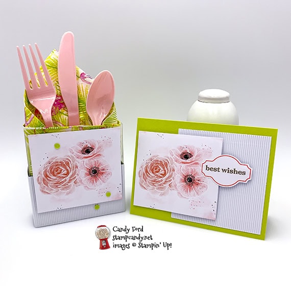 Sentimental Rose April kit for the A Paper Pumpkin Thing Blog Hop. Alternate projects made by Candy Ford - card and naapkin/flatware holder for a wedding shower. #stampcandy