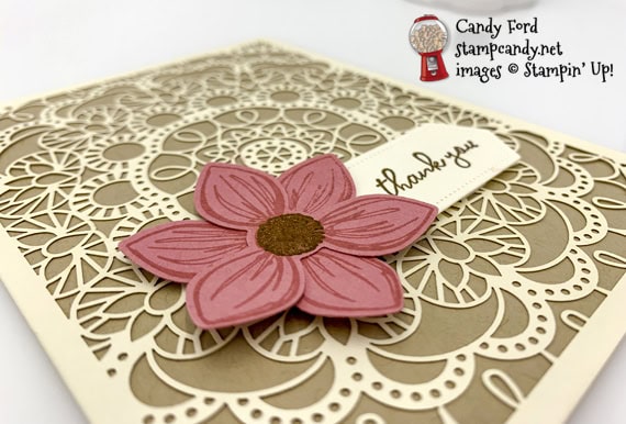 Sneak Peek Stampin' Up! Floral Essence laser cut DSP handmade card by Candy Ford of Stamp Candy