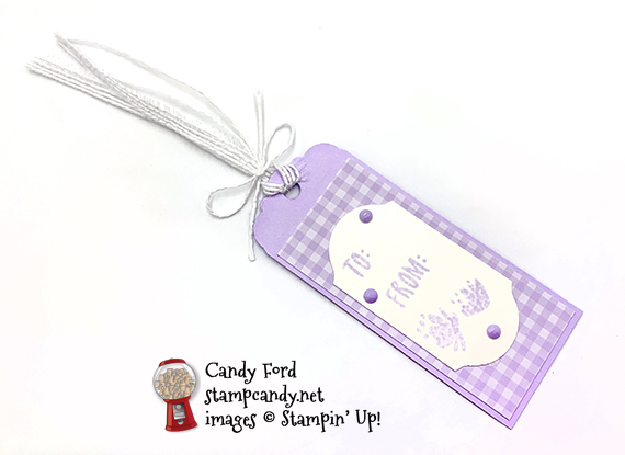 Delightful Day stamp set, Whisper White Flax Ribbon, Scalloped Tag Topper Punch, 2019–2021 In Color Faceted Dots, 2019-2021 In Color Designer Series Paper, Purple Posy cardstock and ink, Stampin' Up! #stampcandy
