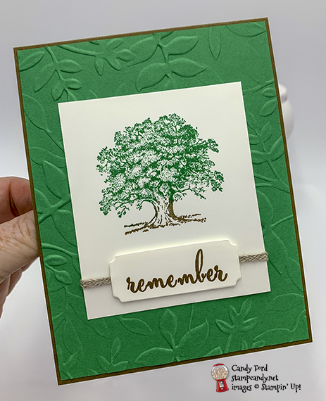 Lovely As a Tree stamp set, Make a Difference stamp set, Layered Leaves embossing folder by Stampin' Up! for the Inking Royalty Remember Blog Hop (IRBH.) Card made by Candy Ford #stampcandy