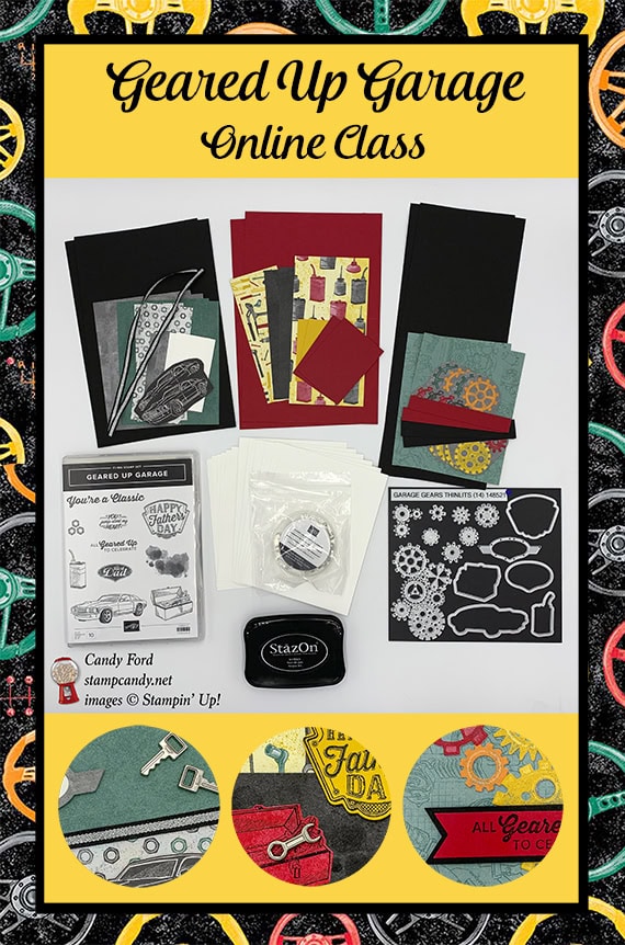 Geared Up Garage Manly Cards Online Class by Candy Ford #stampcandy #stampinup