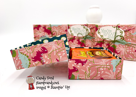 treat boxes that hold a Reese's Big Cup, made with Dinoroar Designer Series Paper, Dino Days Stamp Set, twine from Magnolia Lane Ribbon Combo Pack, and Layering Ovals Dies from Stampin' Up! #stampcandy