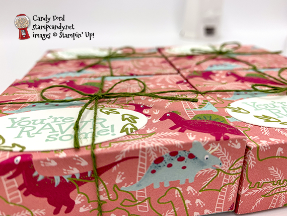 treat boxes that hold a Reese's Big Cup, made with Dinoroar Designer Series Paper, Dino Days Stamp Set, twine from Magnolia Lane Ribbon Combo Pack, and Layering Ovals Dies from Stampin' Up! #stampcandy