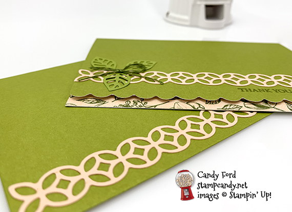 Scalloped Note Cards & Envelopes, Flourish Dies from Stampin' Up! Thank you card made by Candy Ford #stampcandy