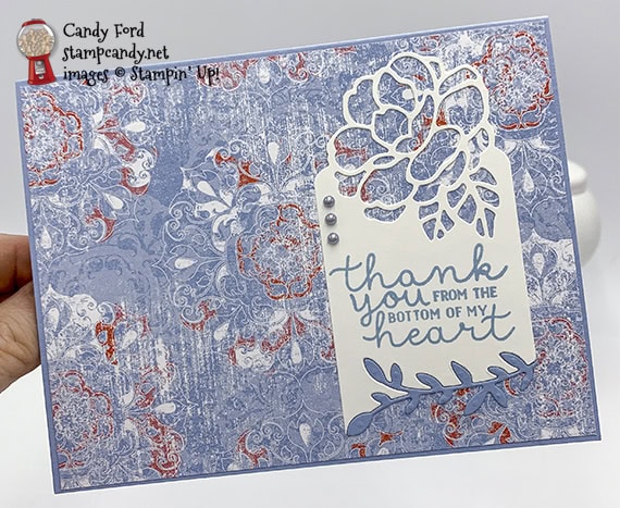 Stampin' Up! Bloom & Grow stamps, Botanical Tags dies, Woven Thread DSP handmade thank you card by Candy Ford of Stamp Candy