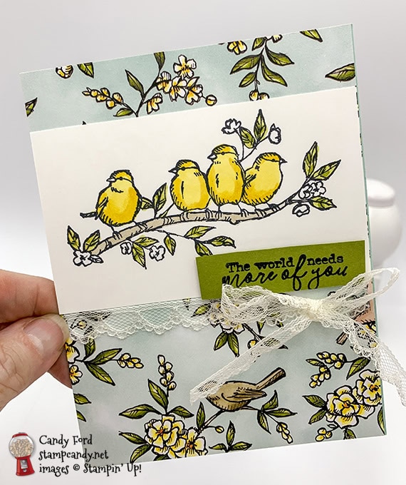 Stampin' Up! Free As A Bird stamps yellow birdies on Bird Ballad DSP handmade card by Candy Ford of Stamp Candy