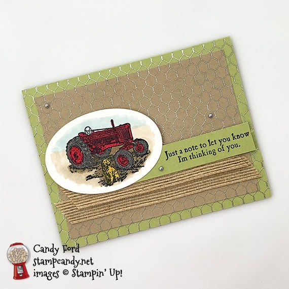 Heartland and All Wired Up stamp sets, Layering Ovals Dies, Burlap Ribbon, Stampin' Blends alcohol markers, heat embossing. Just a Note card made by Candy Ford for OSAT Blog Hop. #stampcandy