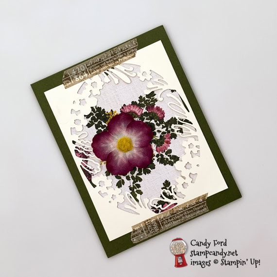 Stampin' Up! Pressed Petals DSP & washi tape with Bird Ballad Laser cut cards handmade card by Candy Ford of Stamp Candy