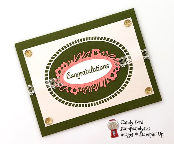 Stampin' Up! Here's a Card stamp set and Petals Labels Dies with Shimmer Detailed Laser Cut Paper card by Candy Ford of Stamp Candy