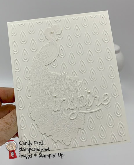 Stampin' Up! Royal Peacock bundle with Detailed Peacock Dies & Sweet Silhouettes Dies card in white by Candy Ford of Stamp Candy
