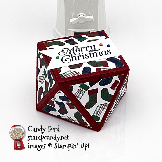 faceted treat box made using Perfectly Plaid stamp set, Wrapped in Plaid specialty designer series paper, Banner Triple Punch, Stampin' Blends Markers by Stampin' Up! Box made by Candy Ford of #stampcandy