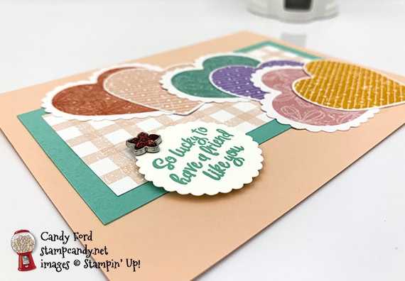 Stampin' Up! Heartfelt stamp set, Pleased as Punch DSP, Heart Punch Pack, 1-3/8" Scalloped Circle Punch, Flower Faceted Gems, friend card made by Candy Ford #stampcandy
