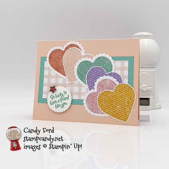 Stampin' Up! Heartfelt stamp set, Pleased as Punch DSP, Heart Punch Pack, 1-3/8" Scalloped Circle Punch, Flower Faceted Gems, friend card made by Candy Ford #stampcandy