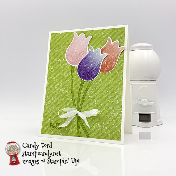 Stampin' Up! Timeless Tulips stamp set, Tulip Builder Punch, Pleased as Punch paper, hello card made by Candy Ford #stampcandy