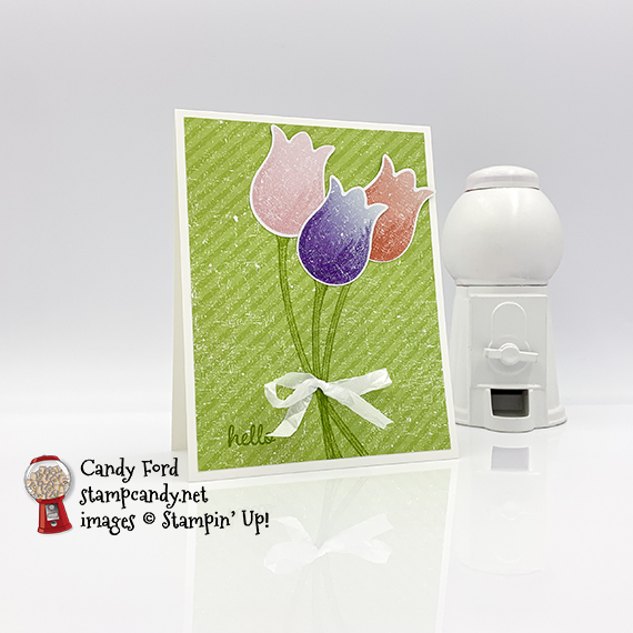 Stampin' Up! Timeless Tulips stamp set, Tulip Builder Punch, Pleased as Punch paper, hello card made by Candy Ford #stampcandy