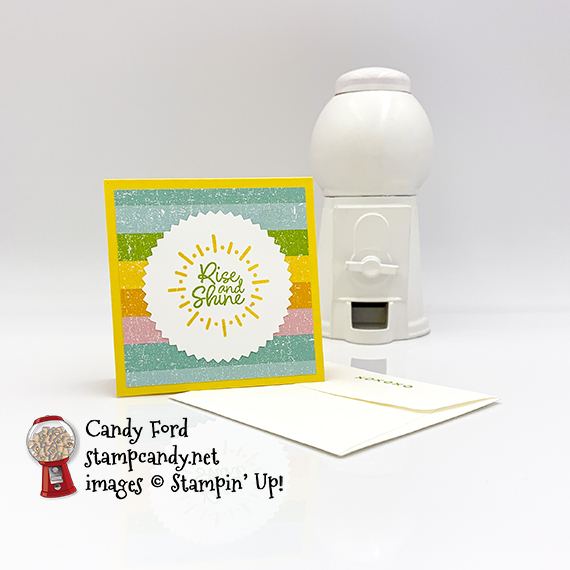 Stampin' Up! Rise and Shine stamp set, Starburst Punch, Pleased as Punch paper, mini card and envelope made by Candy Ford #stampcandy