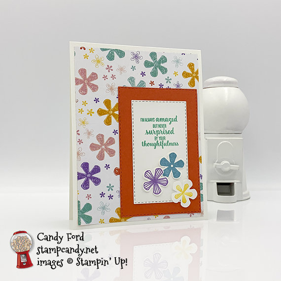 Stampin' Up! Thoughtful Blooms stamp set, Small Bloom Punch, Pleased As Punch paper, card made by Candy Ford #stampcandy