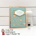 Stampin' Up! Forever Blossoms stamp set, Detailed Hearts Die, Parisian Flourish 3D Embossing Folder, Story Label Punch, wedding card by Candy Ford #stampcandy