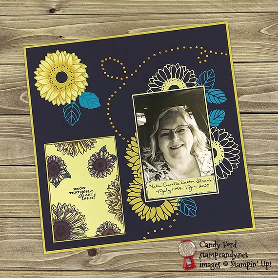 Stampin' Up! Bundle: Celebrate Sunflowers stamp set and Sunflowers Dies, Annette scrapbook page, Candy Ford #stampcandy 
