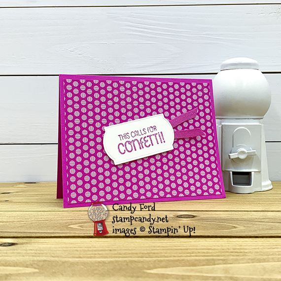 So Sentimental stamp set, Timeless Label Punch, Magenta Madness 1/4" Ribbon, 2020-2022 In Color Designer Series Paper DSP, Stampin' Up! birthday celebrate card by Candy Ford #stampcandy