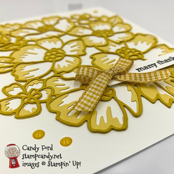 Stampin' Up! Itty Bitty Greetings stamp set, Many Layered Blossoms Dies, many thanks card, Candy Ford #stampcandy
