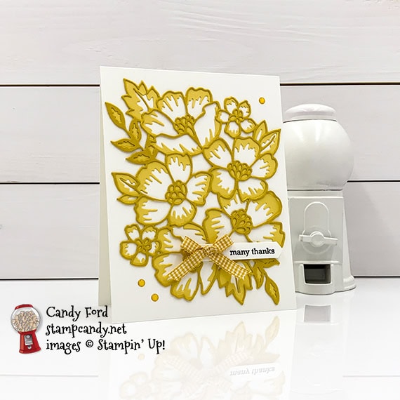 Stampin' Up! Itty Bitty Greetings stamp set, Many Layered Blossoms Dies, many thanks card, Candy Ford #stampcandy