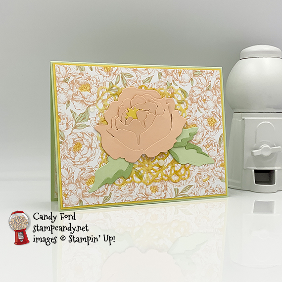 Prized Peony Bundle, Square Vellum Doilies, Peony Garden Designer Series Paper, Stampin' Blends Markers, Elegant Faceted Gems, Stampin' Up! #stampcandy