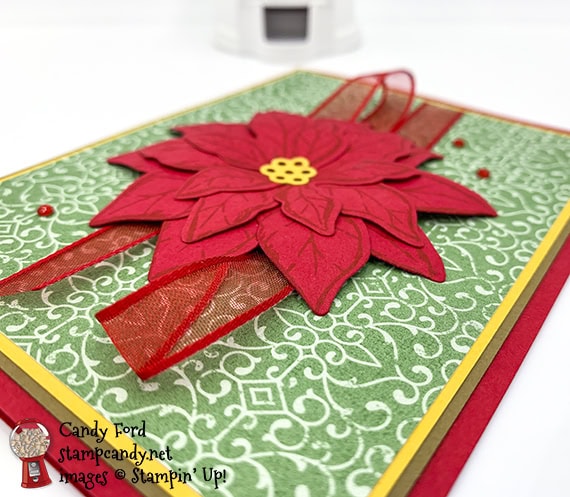 Poinsettia Petals stamp set Bundle, Poinsettia Dies, Poinsettia Place Designer Series Paper, Real Red Sheer Ribbon, Red Rhinestones, Christmas card by Candy Ford #stampcandy #stampinup #handmadecards #christmascards #holidaycards
