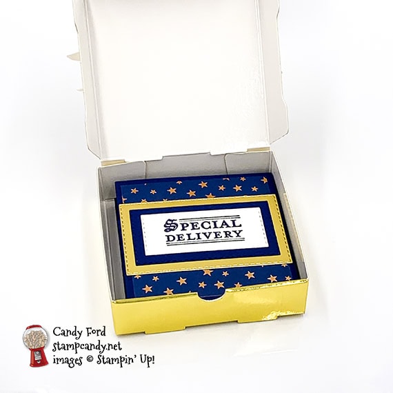 Wishes & Wonder Bundle, Gold Mini Pizza Boxes, Forever Gold Laser Cut Paper, Brightly Gleaming DSP #stampcandy #handmadecards #stampinup #icsbh